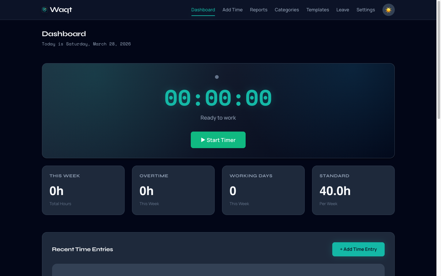 Waqt dashboard showing today's tracked time, overtime indicators, and recent activity.