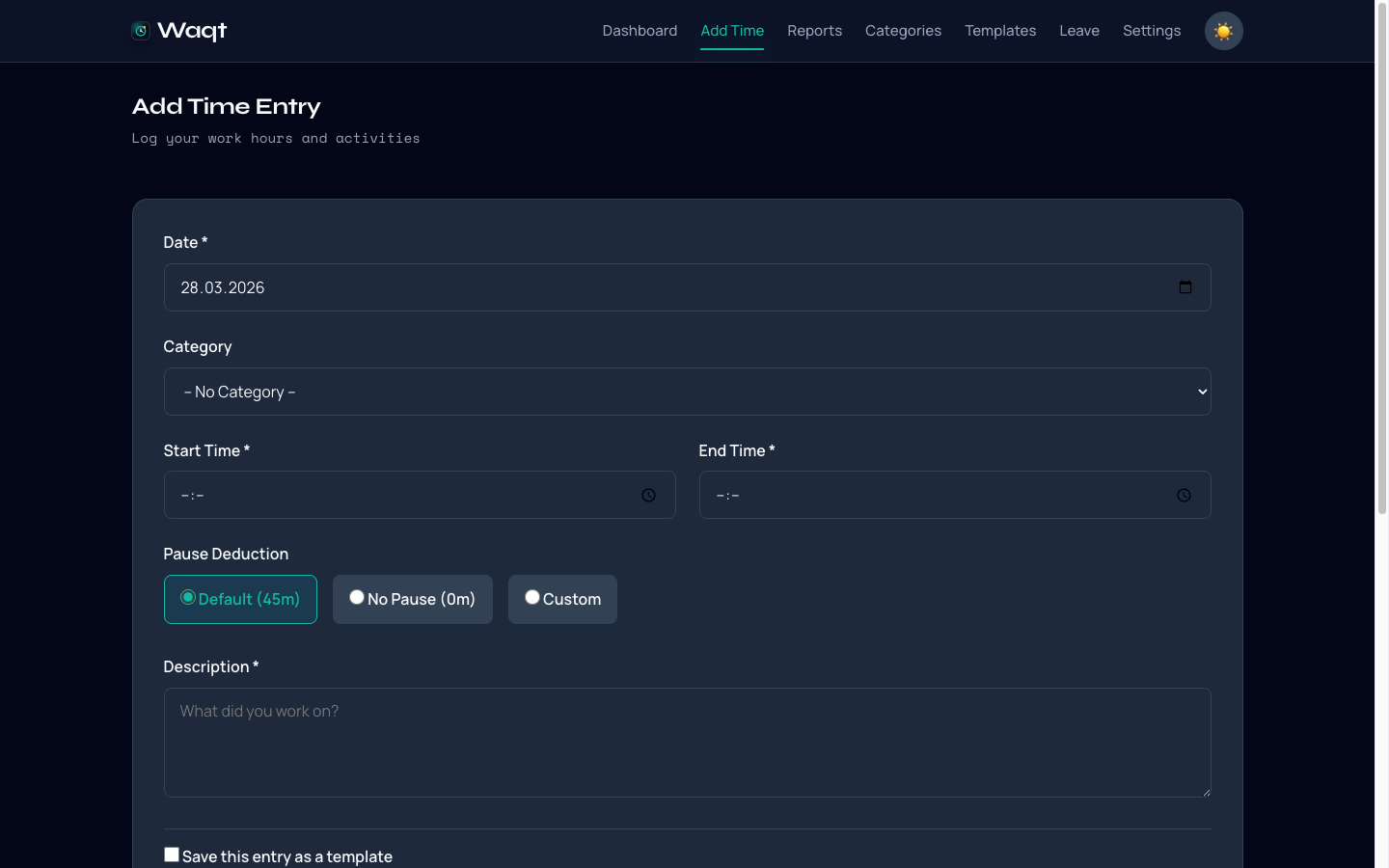 Waqt time entry interface for logging start and end times, pauses, and task descriptions.